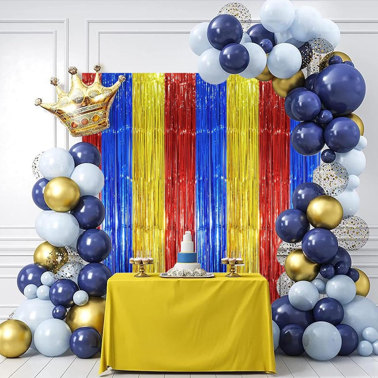 3 Pack 3.3 x 8.2 ft Blue Red Gold Foil Fringe Backdrop Curtains, Tinsel Streamers Party Decorations, Fringe Backdrop, Door Shimmer for Birthday Party