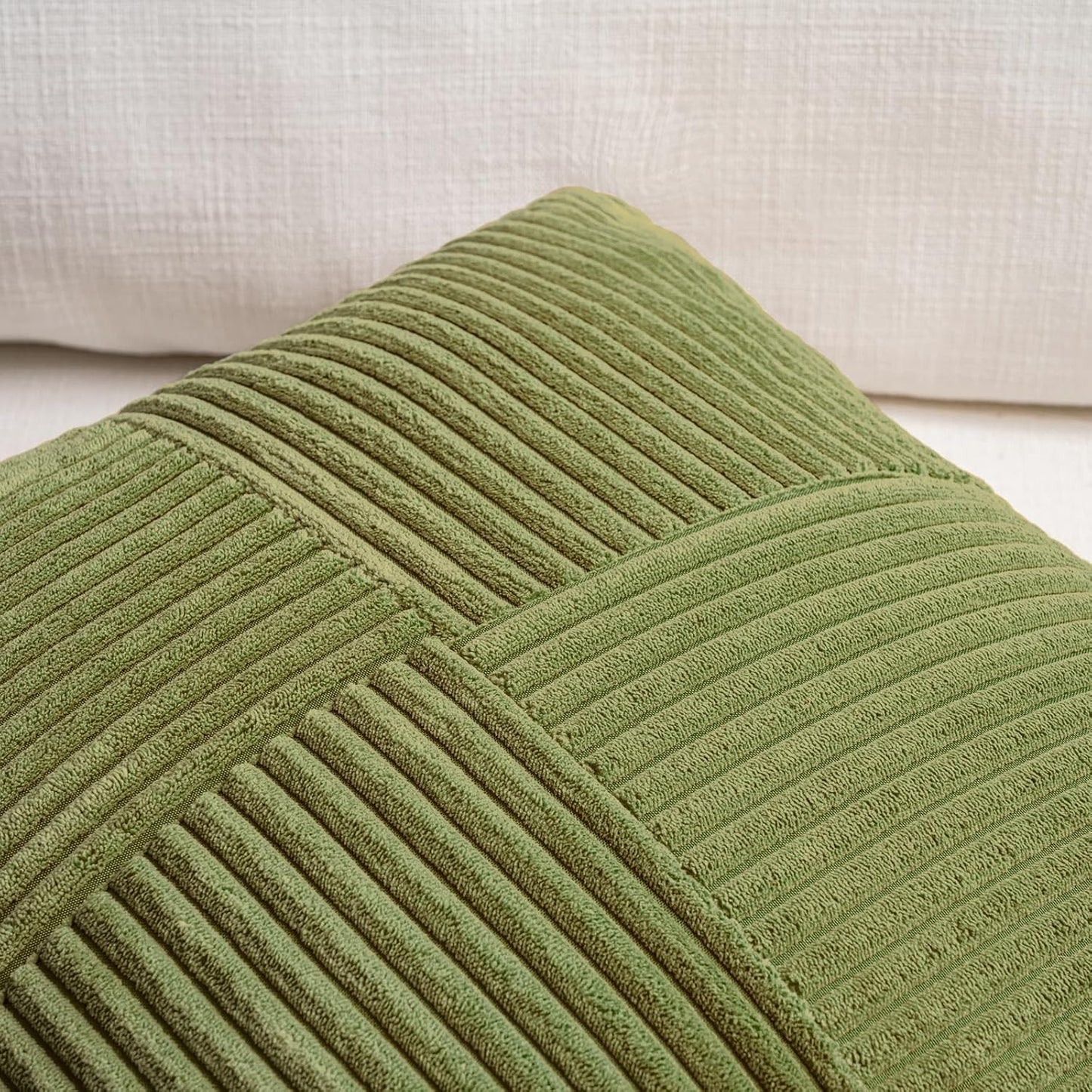 Fancy Homi 2 Packs Moss Green Lumbar Decorative Throw Pillow Covers 14x24 Inch for Couch Bed, Rustic Farmhouse Boho Home Decor, Soft Striped Corduroy Rectangle Accent Cushion Case 35x60 cm