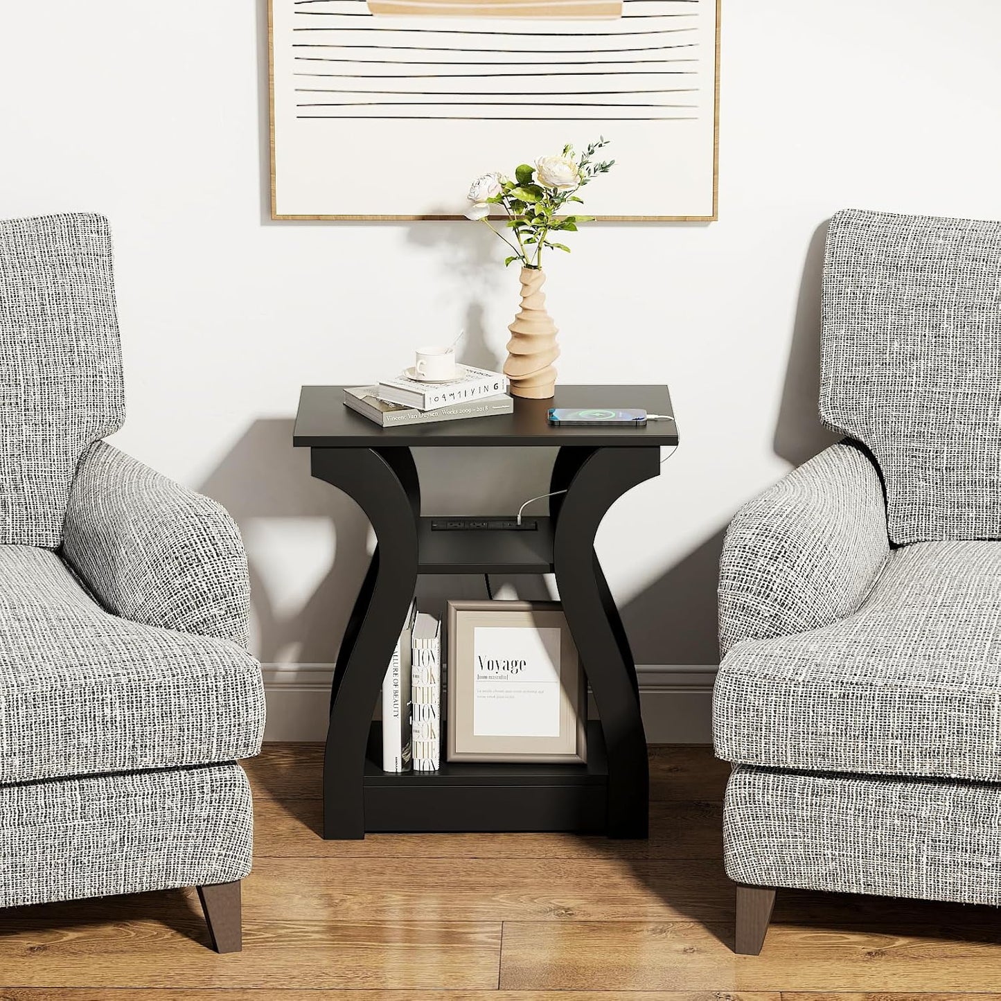 End Table with Charging Station, Side Table with USB Ports and Outlets, Nightstand, 3 Tier End Table with Storage Shelf for Living Room, Bedroom (Black)