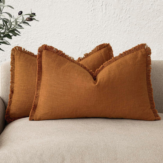Foindtower Set of 2 Decorative Linen Fringe Lumbar Throw Pillow Covers Boho Farmhouse Cushion Cover with Tassels Soft Accent Pillowcase for Couch Sofa Bed Living Room Home Decor,12×20 Inch,Orange