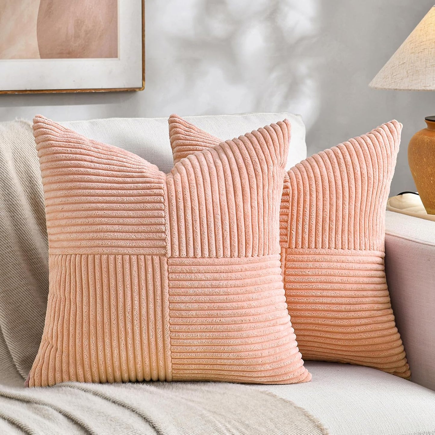 Fancy Homi 2 Packs Peach Decorative Throw Pillow Covers 20x20 Inch for Living Room Couch Bed Sofa, Rustic Farmhouse Boho Home Decor, Soft Corss Corduroy Patchwork Accent Square Cushion Case 50x50 cm