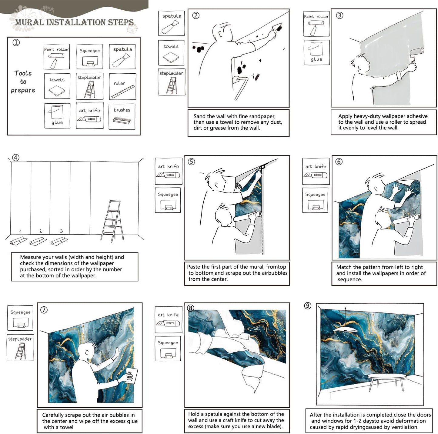 AFZEVEB-Blue and Gold Marble Wallpaper Abstract Art Wall murals for Bedroom 136"x96" (Not Peel and Stick)