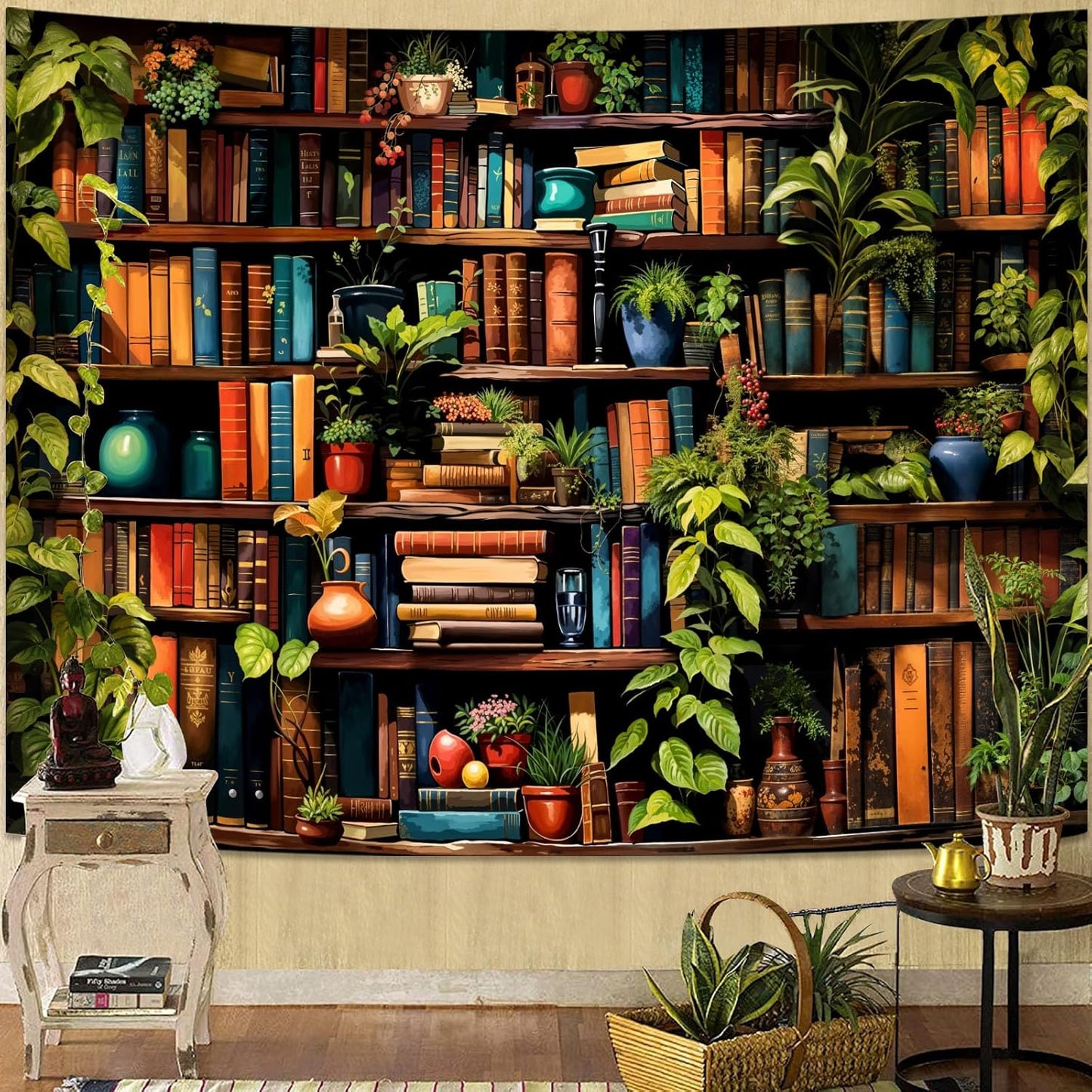 Accnicc Botanical Bookshelf Tapestry Lush Green Plant Book Shelf Tapestries Wall Hanging Vintage Retro Potted Plants Academics Extra Large Library Tapestry for Bedroom Living Room Dorm 90 x 68 inch