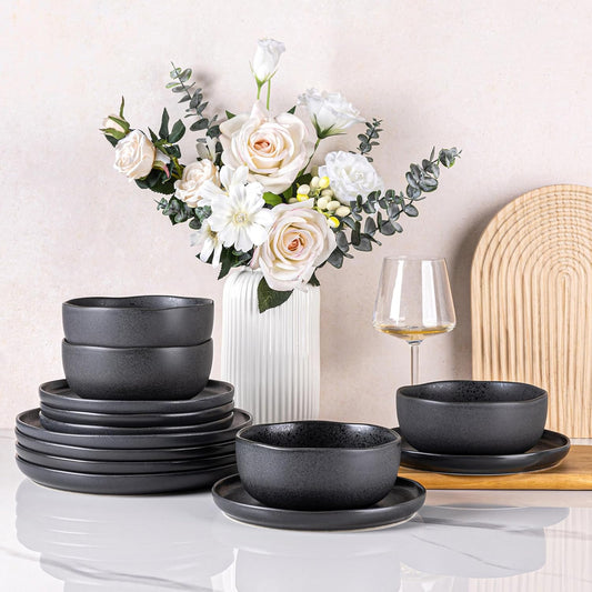 AmorArc Ceramic Dinnerware Sets, Wavy Rim Stoneware Plates and Bowls Sets, Highly Chip and Crack Resistant | Dishwasher & Microwave Dishes set, Service for 4 (12pc)-Speckled Matte Black