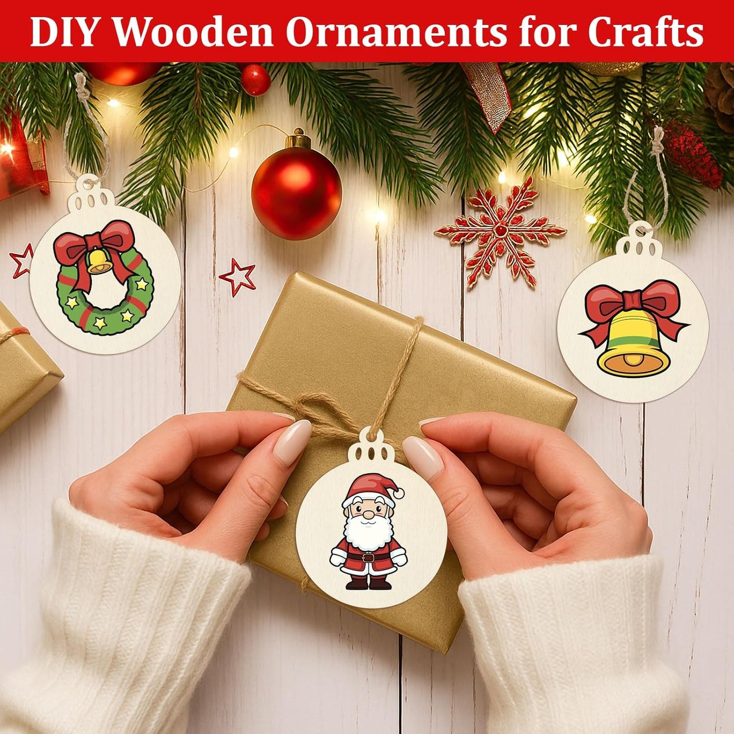 50 PCS Wooden Christmas Ornaments, 3 Inch DIY Wood Ornament for Crafts, Unfinished Wood Ornament to Paint, Blank Round Wooden Ornaments, Make Your Own Paintable Wood Slice