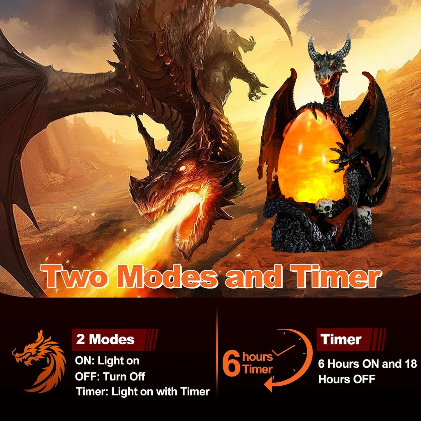 Fire Dragon Glitter Globe Statue Dragon Egg Glowing Sculpture, Skull Accent Base, Evil Dragons Lantern with 6H Timer, Battery Operated, Cool Decoration for Halloween, Fantasy Gift for Collectors