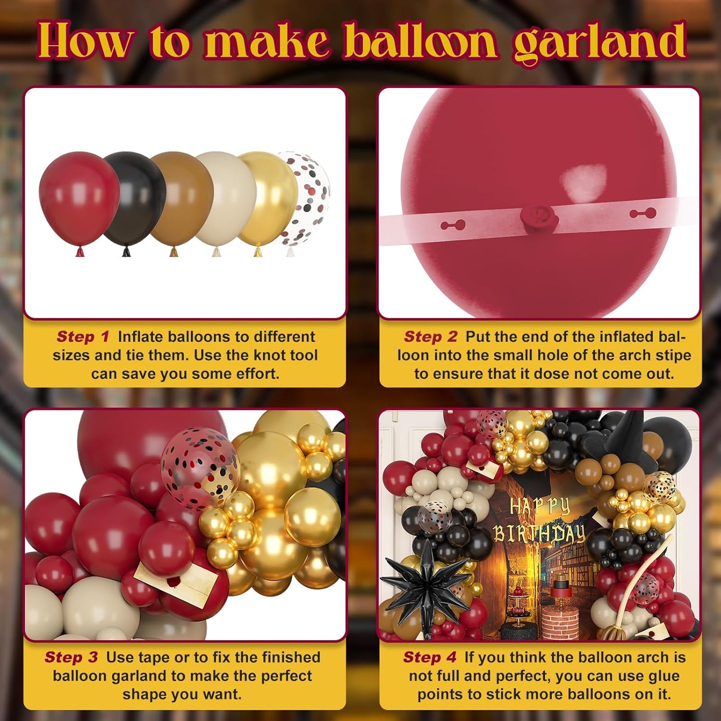 Amandir Magical School Balloons Arch Garland Kit, Maroon Burgundy Black Gold Confetti Balloons with Witch Hat Foil Star Balloon for Magic Themed Birthday Decorations Baby Shower Party Supplies