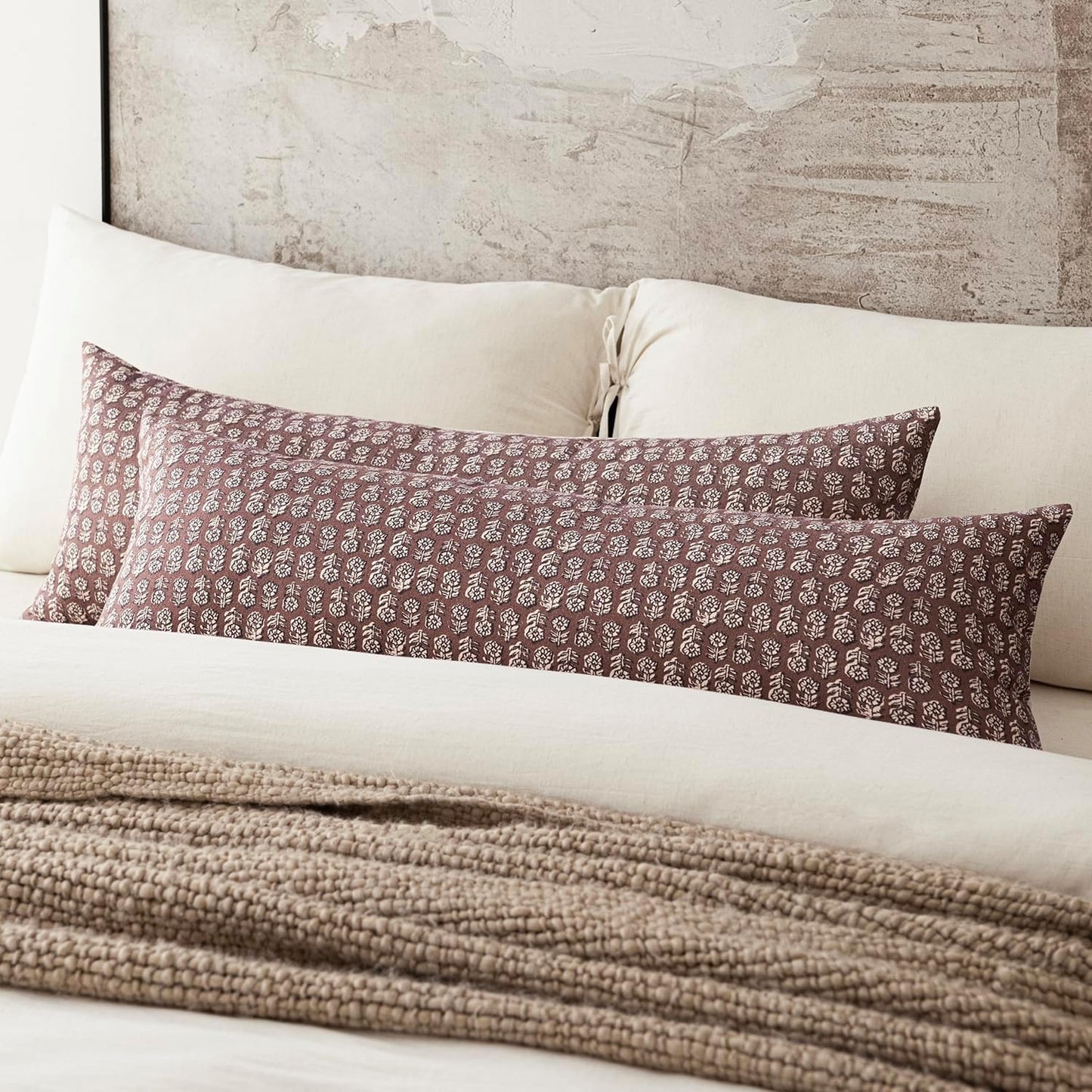 Foindtower Set of 2 Decorative Vintage Long Lumbar Throw Pillow Covers Neutral Modern Farmhouse Cushion Covers Floral Home Decor for Sofa Couch Chair Bedroom Living Room Outdoor,14×36 Inch,Wine Red