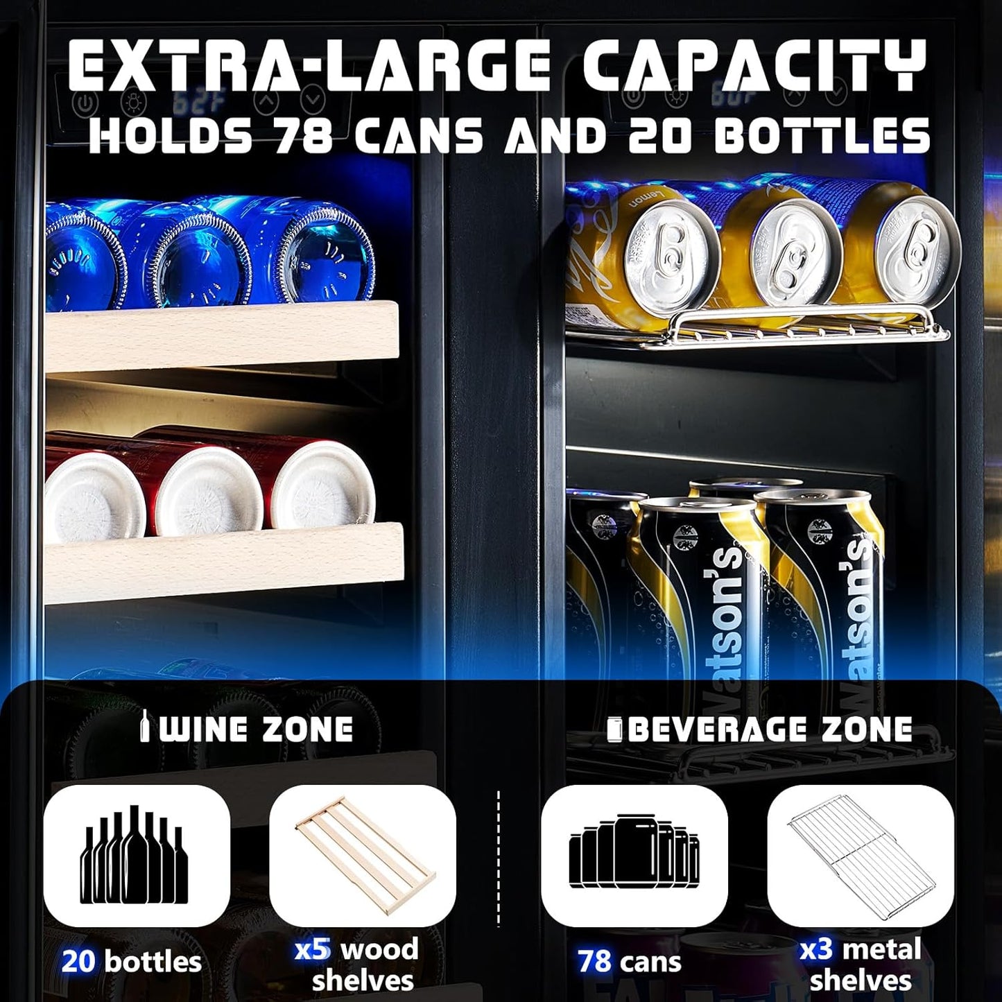 Albott Beverage Refrigerator - 24-Inch Dual Zone Cooler with Glass Door, Freestanding/Under Counter Wine and Beer Fridge, Holds 20 Bottles & 78 Cans, Ideal for Kitchen, Bar, Office, 34-64℉ & 41-68℉