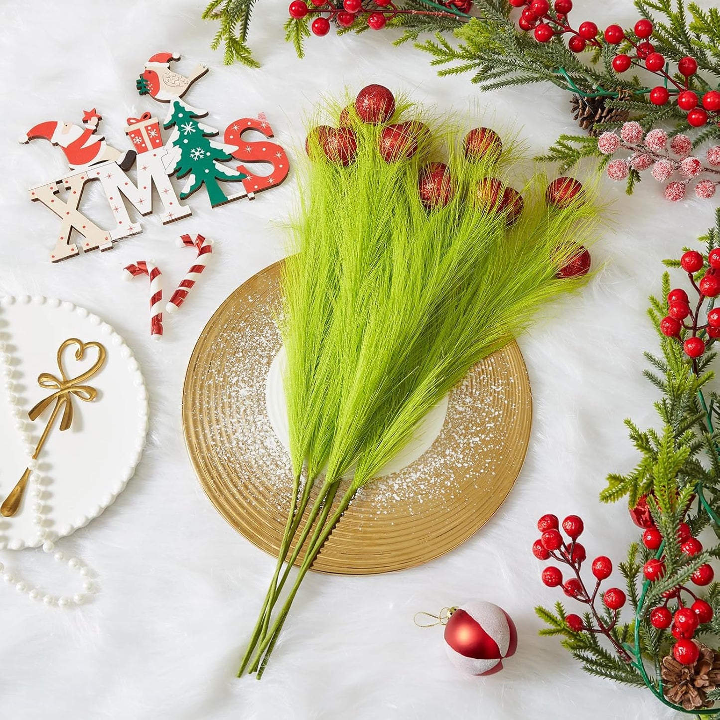 10 Pcs Christmas Tree Topper - 17" Christmas Tree Picks and Sprays Lime Green Curly Stems with Red Ball Artificial Xmas Decorations for Vase Fillers Wreath Home Party Holiday Docor