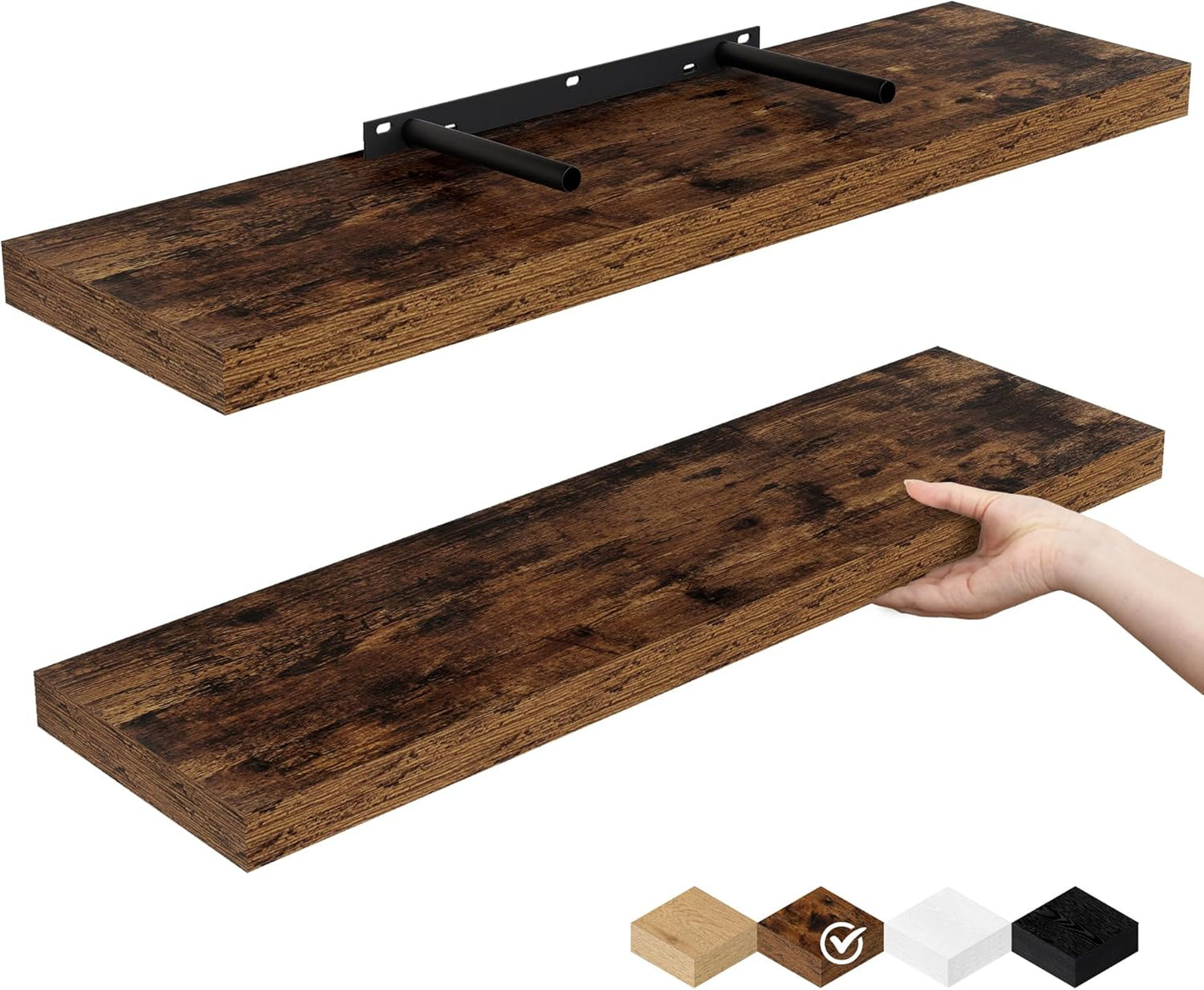 Fun Memories Floating Shelves for Wall, 24" Rustic Wood Deep Wall Mounted Shelves with Invisible Brackets for Decor & Storage, Floating Shelf for Living Room, Bathroom (Rustic Brown, Set of 2)