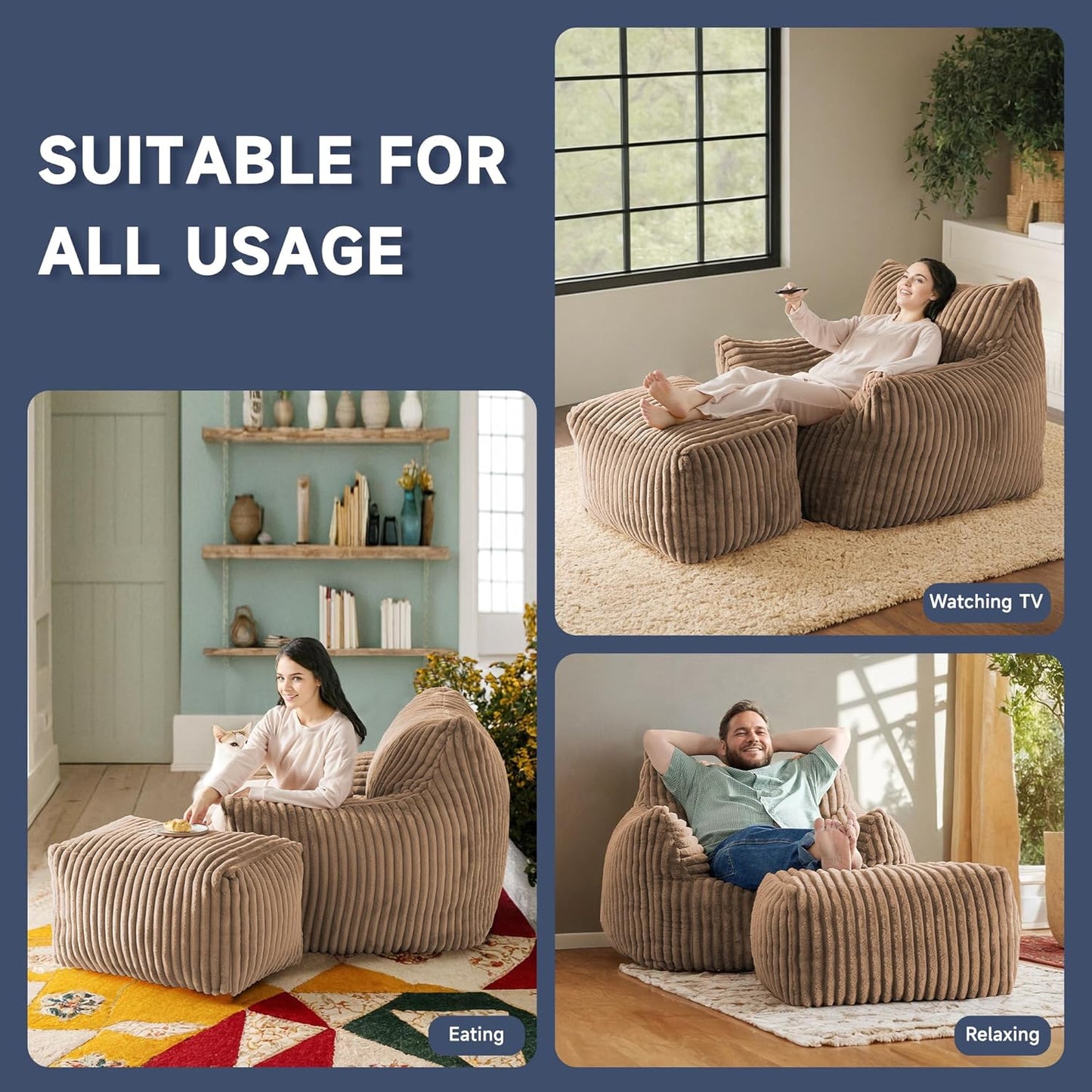 Giant Bean Bag Chairs for Adults, Oversized Chaise Lounge Chair Indoor with Memory Foam - Plush Boneless Lounger & Ottoman for Bedroom, Living Room, Gaming & Reading, Lazy Floor Sofa Chair, Khaki