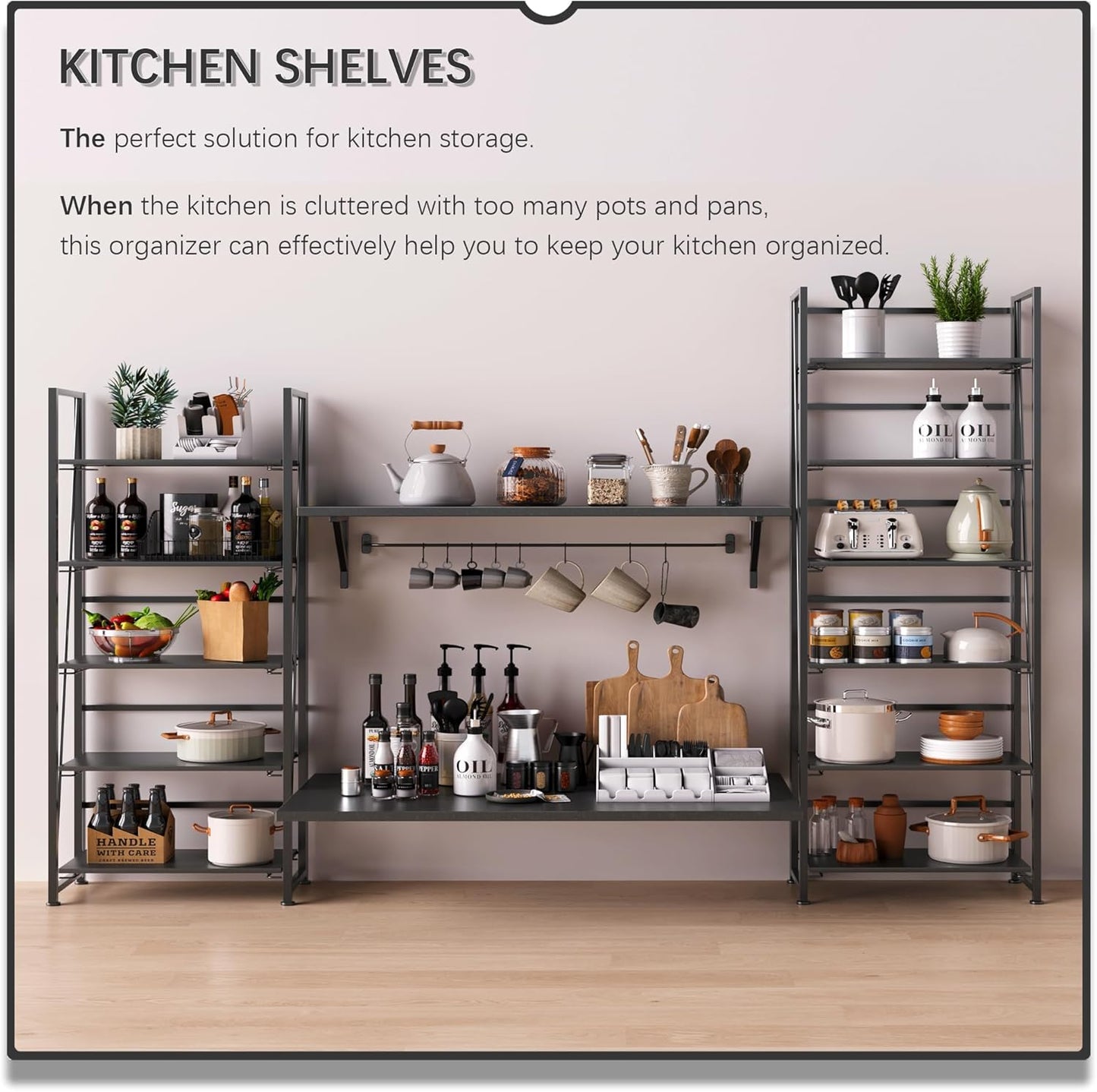 4NM No Assembly Foldable Bookshelf, 6-Shelf Collapsible Bookcase Storage for Small Spaces, 74" H, All Black