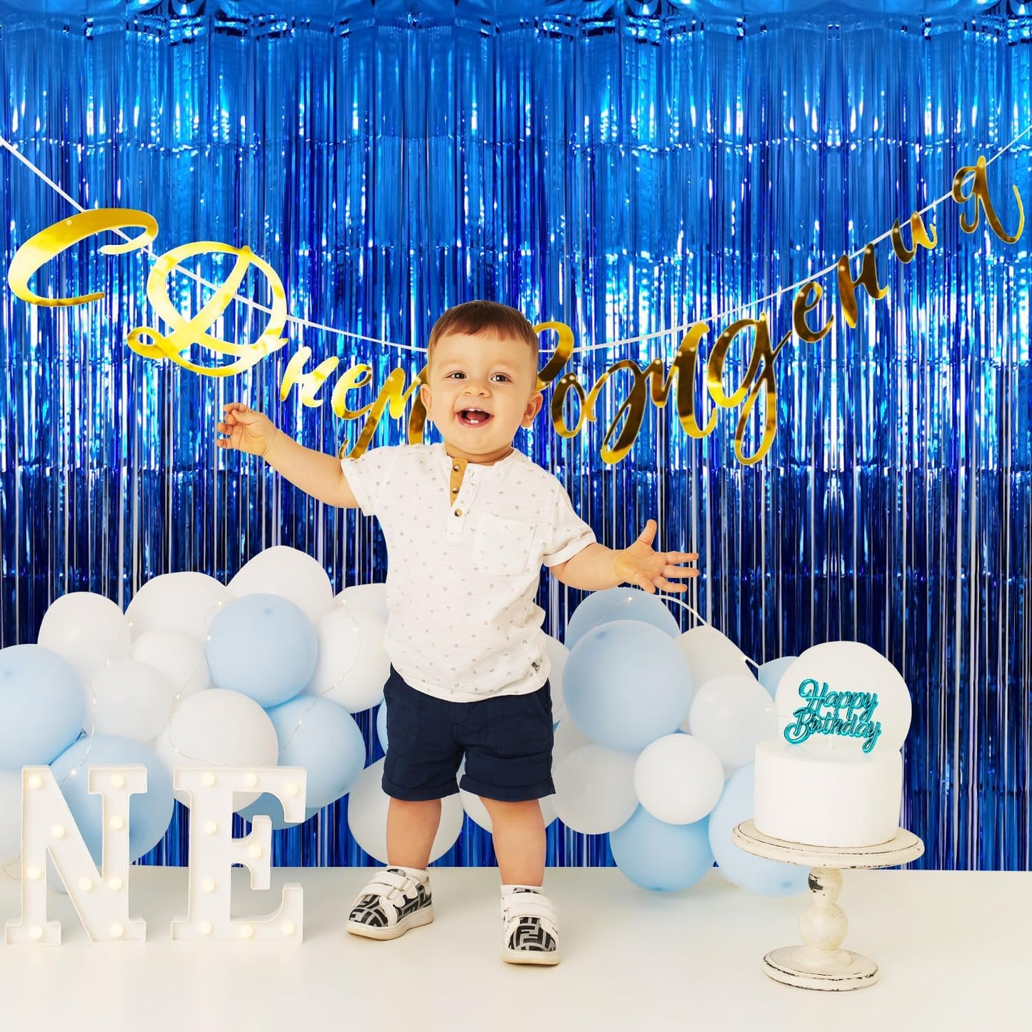 GOER 3.2 ft x 9.8 ft Metallic Tinsel Foil Fringe Curtains Party Photo Backdrop Party Streamers for Birthday,Graduation,New Year Eve Decorations Wedding Decor (Navy Blue,3 pcs)