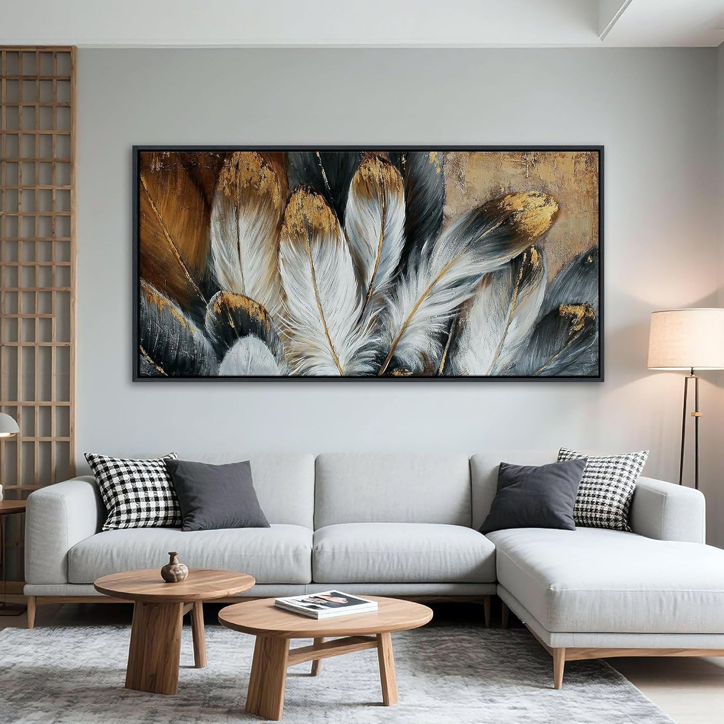 Framed Feather Canvas Wall Art Modern Living Room Bedroom Wall Decoration Large Canvas Painting Artwork for Home Decor White Gold Brown Feather Picture 24x48 Size