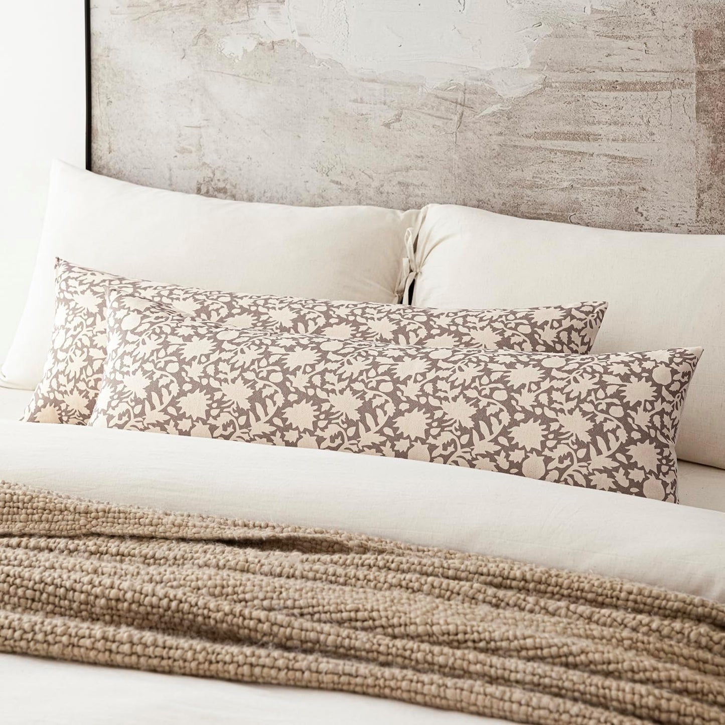 Foindtower Set of 2 Decorative Floral Long Body Lumbar Throw Pillow Covers Neutral Farmhouse Cushion Covers Boho Vintage Pillowcase For Couch Sofa Bedroom Living Room Home Decor Outdoor,14×36 Inch,Tan