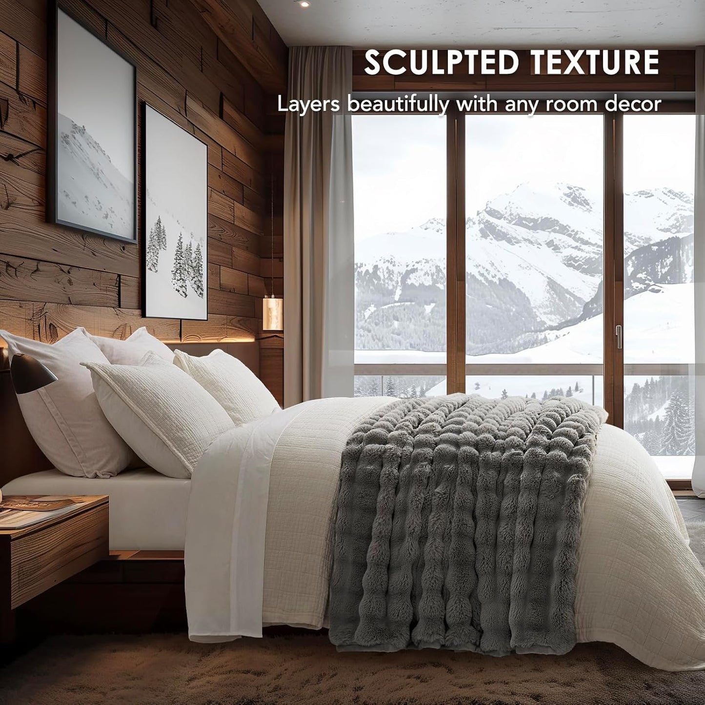 EVERGRACE Ultra Soft Luxury Fluffy Ridgeline Faux Rabbit Fur Throw Blanket, Thick Warm Bubble Throw for Bed, Cozy Plush Reversible Blankets for Couch, Chair, Sofa, Grey, 50x60 Inches, 870 GSM