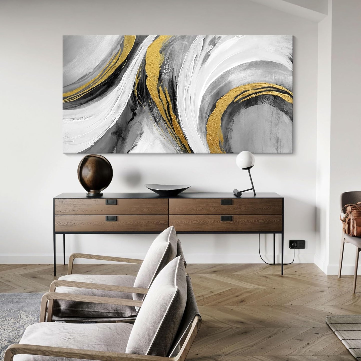 Abstract Bedroom Wall Art - Black and White Grey Abstract Gold Foil Hand Painted Texture Modern Canvas paintings for Living Room Kitchen Hallway Office Wall Decor 20x40 IN
