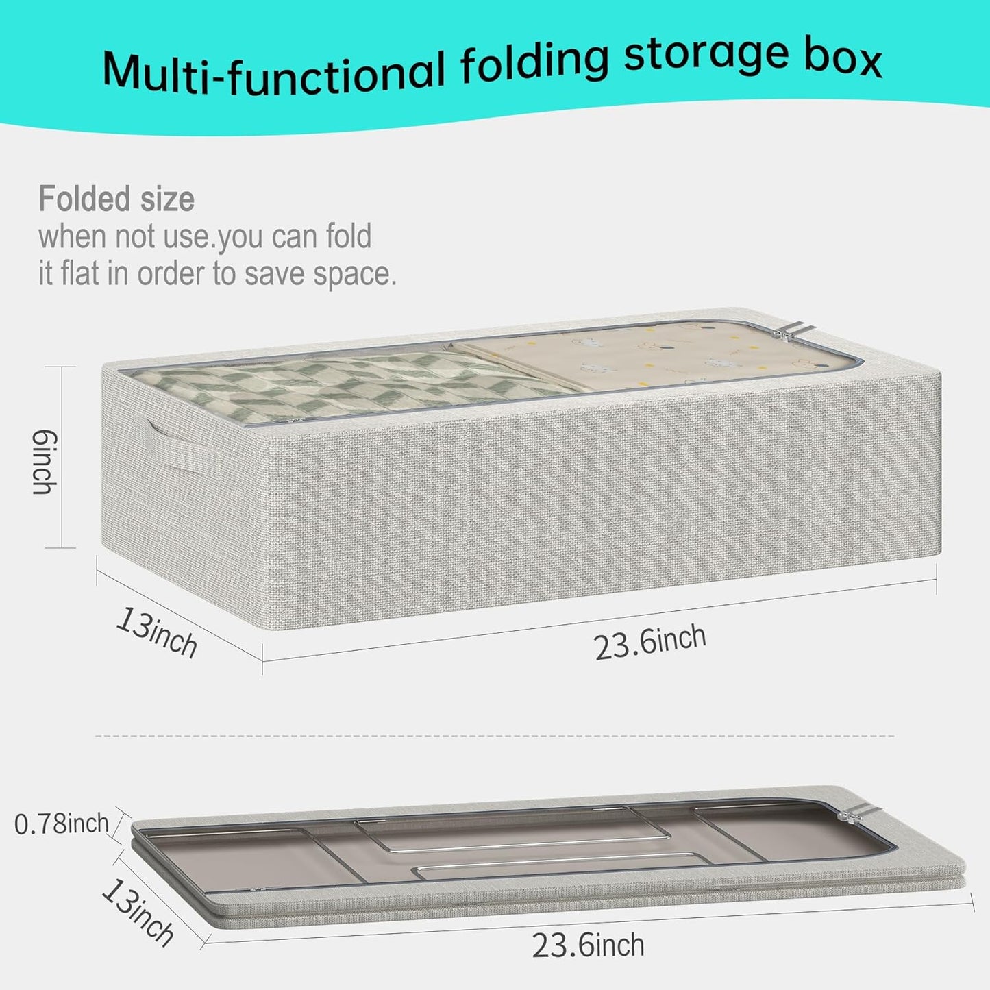 3PCS Under Bed Storage Bins with Metal Frame, Linen Fabric Frame Storage Box Clothes Organizer Bins, Underbed Container with Clear Window (Light Grey, 15.7 x 13 x 6IN)