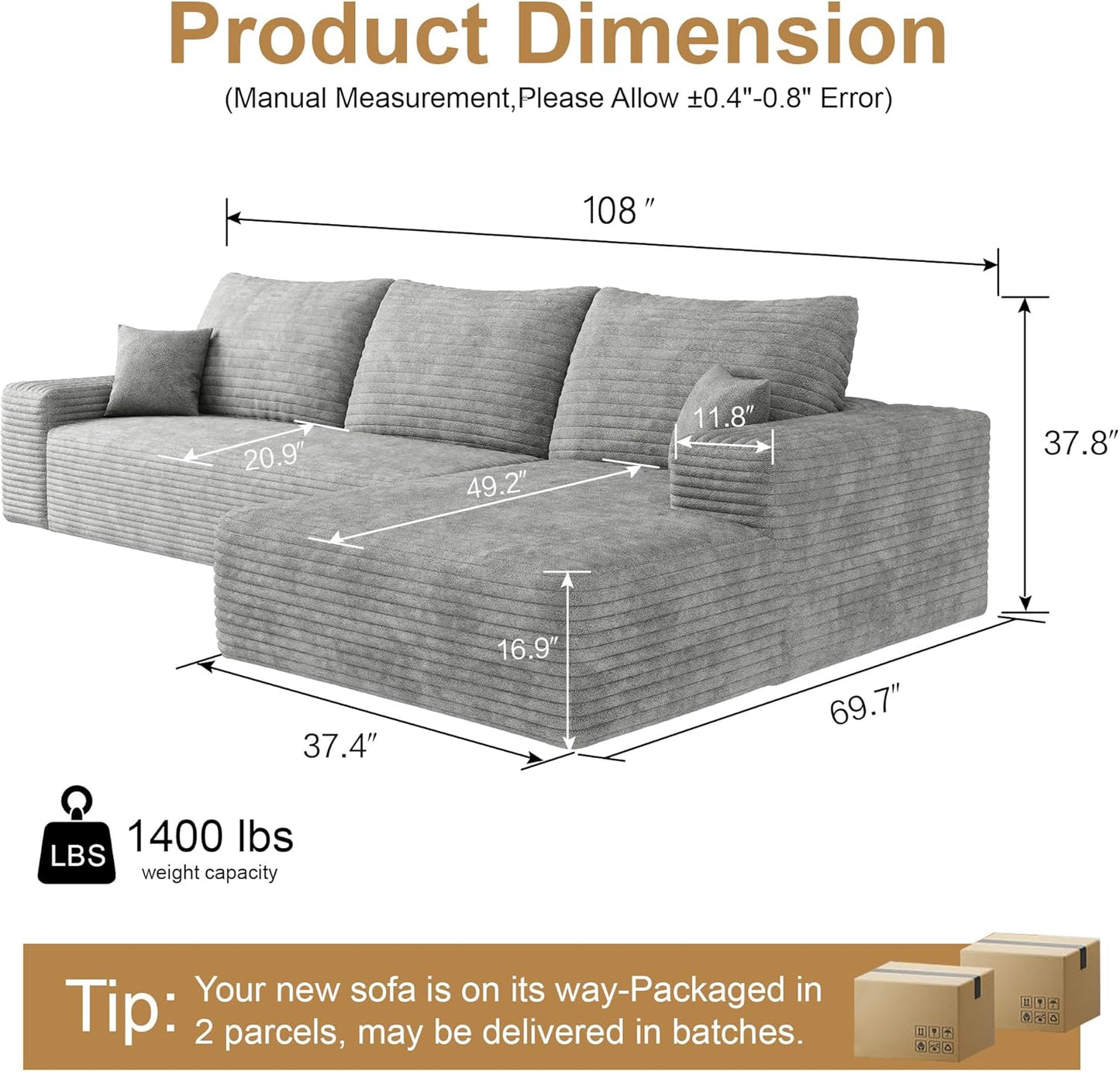 108" Sectional Couches for Living Room Modern Modular Sofa with L-Shape Couchs Upholstered Boneless Couch Deep Seat Sectional Couch with Chaise (Grey, Right Facing Chaise+2Seaters)