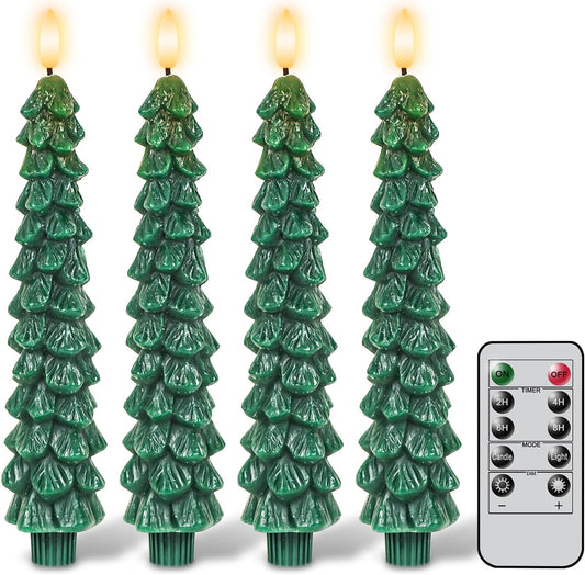 GenSwin Christmas Tree Flameless Taper Candles with Remote Timer, Christmas LED Taper Candles with 3D Flame, 4 Pcs Green LED Candlesticks for Christmas Home Decoration(0.78” x 9.8”)