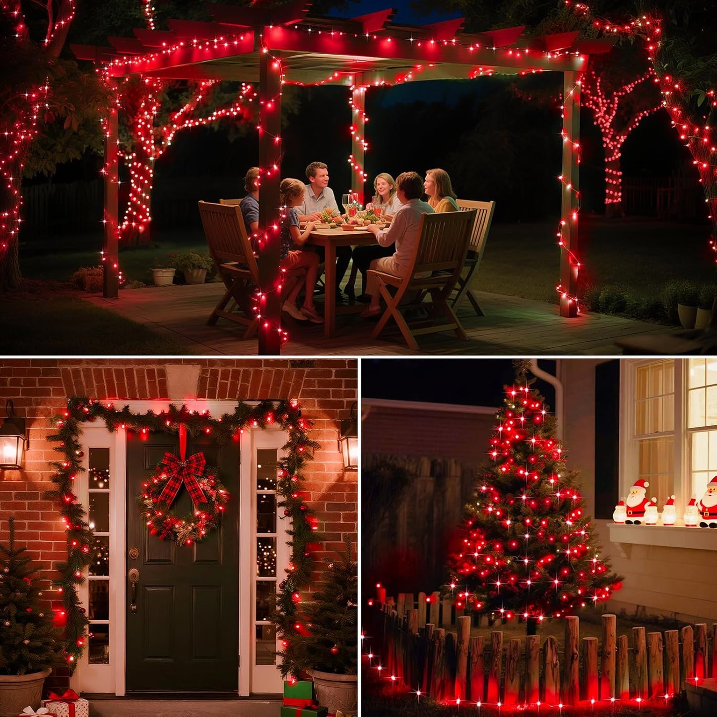 4 Pack Solar String Lights Outdoor - 320LED 132FT Solar Fairy Lights Waterproof 8 Modes, Copper Wire Solar Powered Twinkle Lights for Outside Tree Garden Christmas Wedding Party Decor, Red