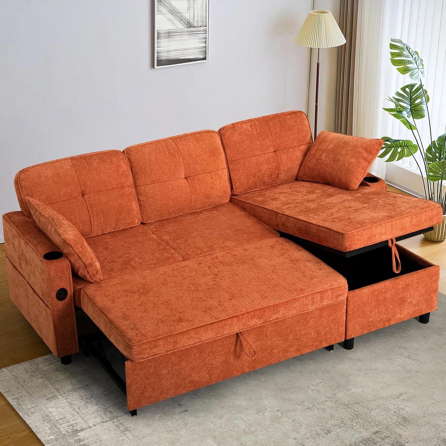 84 Inches Chenille Sectional Sofa w/Pull-Out Sofa Bed & Adjustable Back, Tufted L-Shaped Couch w/Storage Chaise, Sleeper Sectional Sofa w/USB Port & Cup Holders for Living Room, Orange