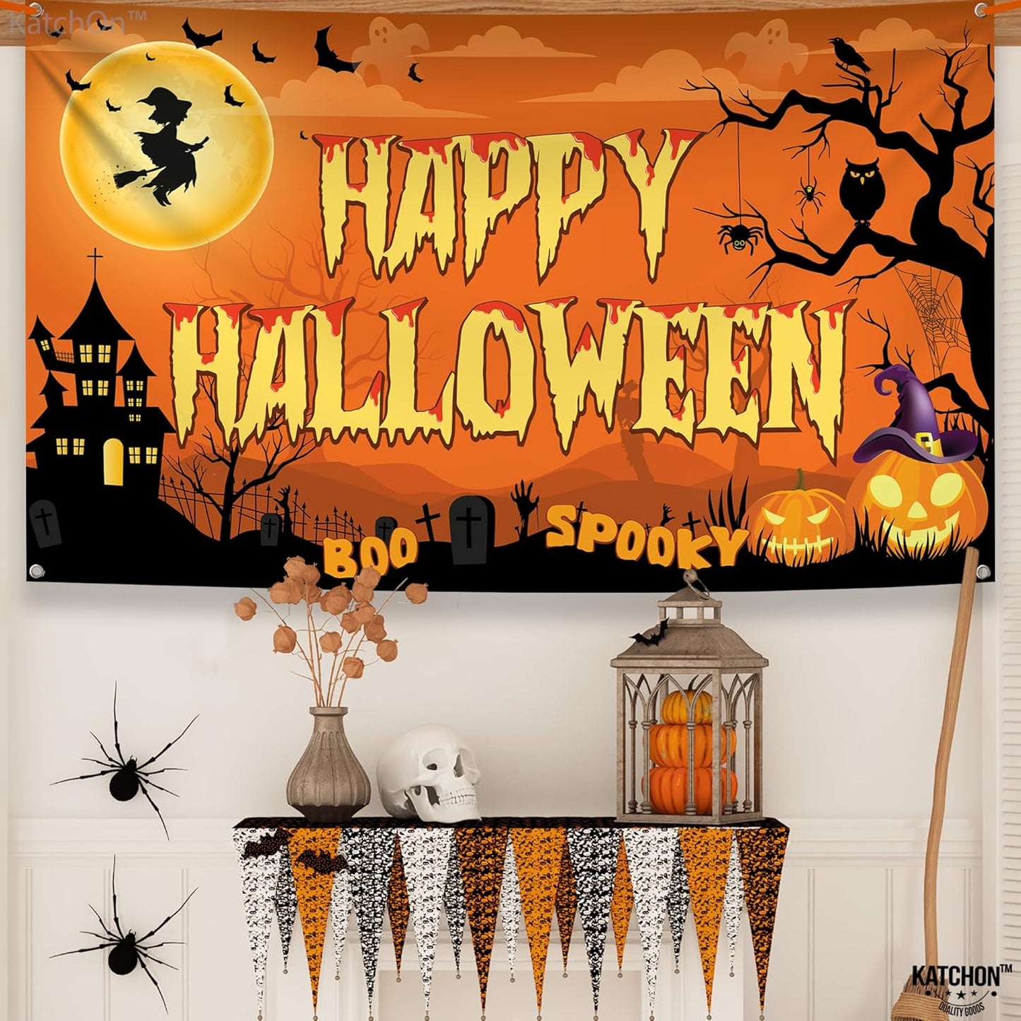 KatchOn Spooky Happy Halloween Banner - XtraLarge, 72x44 Inch | Orange Halloween Photo Backdrop for Decorations & Photography