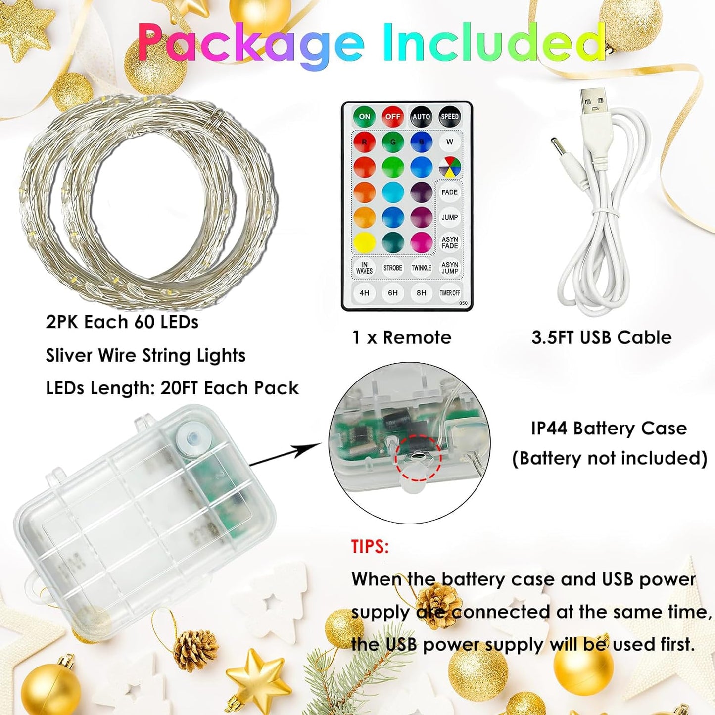 2 Pack Each 20FT 60LED Fairy Lights Battery Operated, RGB Color Changing String Lights, Indoor & Outdoor Battery Twinkle Light with Timer and Remote for Bedroom Wedding Birthday Halloween Decorations