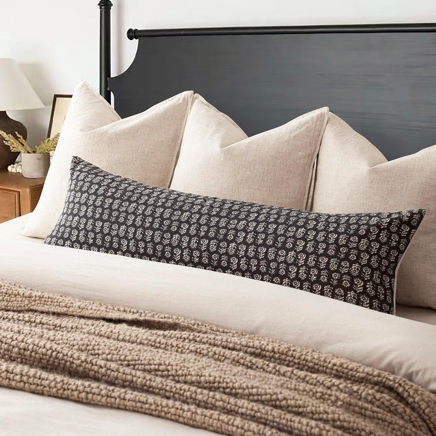 Foindtower Set of 2 Decorative Neutral Body Lumbar Throw Pillow Covers Vintage Accent Farmhouse Cushion Covers Boho Floral Home Decor for Sofa Couch Chair Bedroom Living Room Outdoor,14×36 Inch,Black