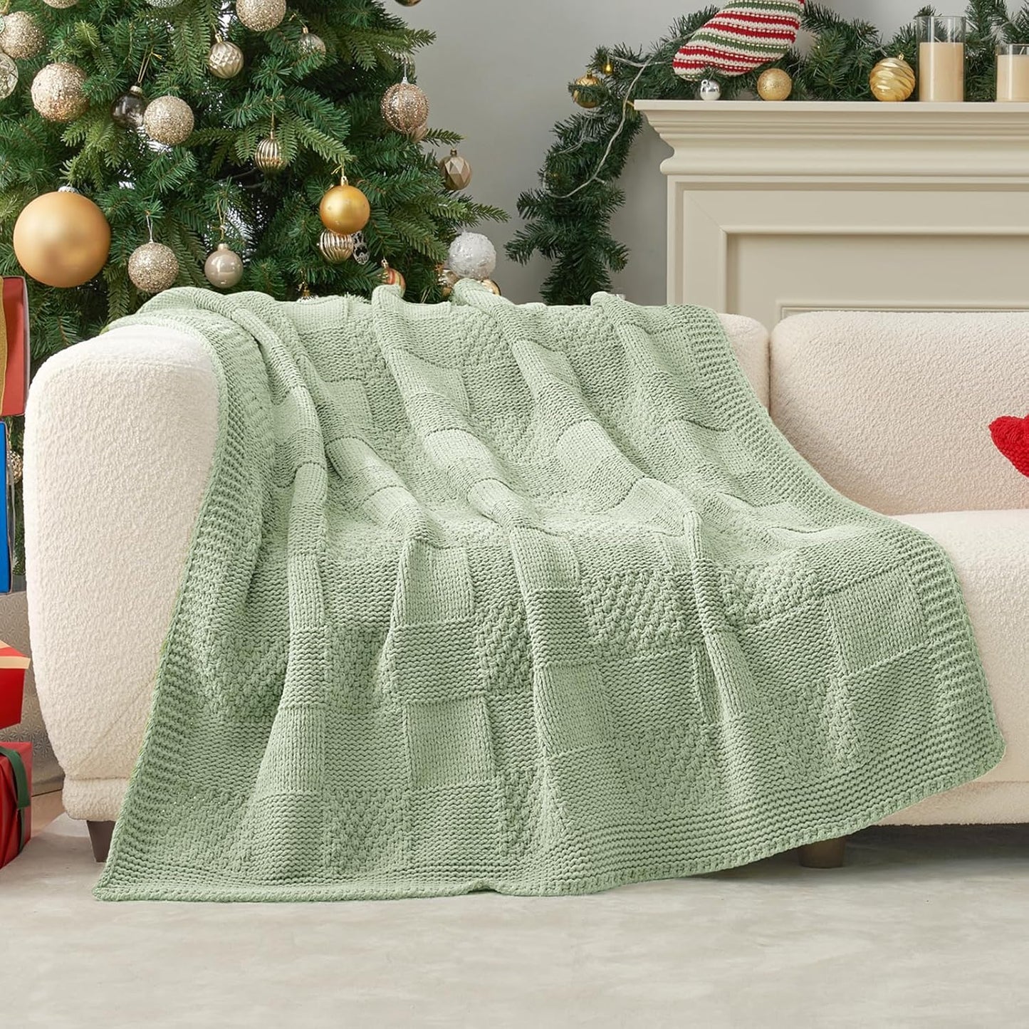 Amélie Home Chenille Knit Throw Blanket for Couch, Checkered Texture Decorative Soft Blanket for Sofa, Bed & Living Room, 50"x60", Sage Green
