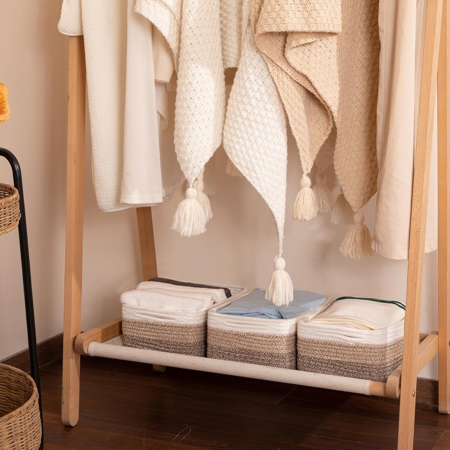 3 Pack Small Storage Baskets for Organizing, Cute Woven Decorative Gift Baskets for Shelves, Mini Closet Organizer Bins with Handles, 11.81''Lx7.87''Wx4.72''H-Brown White