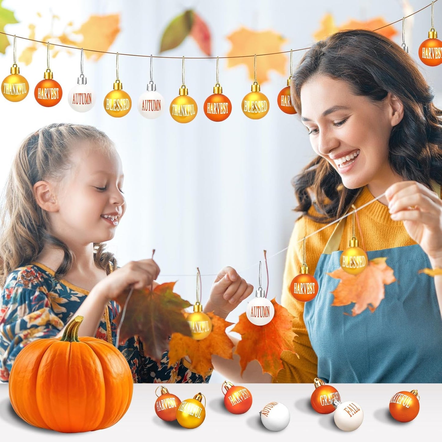 24Pcs Thanksgiving Day Hanging Ball Ornaments, Fall Tree Decorations Autumn Harvest Hanging Ornaments with Rope for Farmhouse Rustic Party Favors Craft Supplies