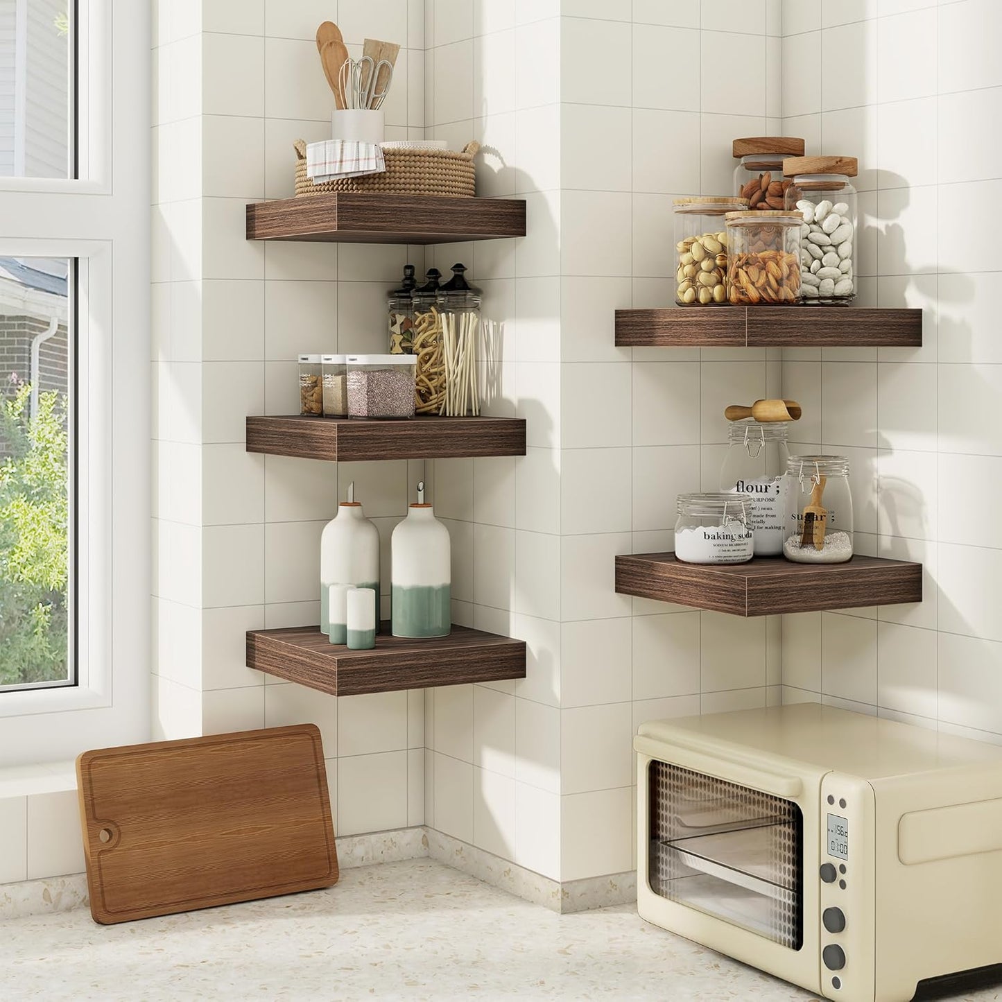 fuqing Floating Shelves for Wall, Bathroom Shelf Wall Mounted for Storage, Shelves with Invisible Bracket for Bedroom, Kitchen, Living Room, Farmhouse Small Book Shelf, 6.5 Inch Set of 3, Walnut