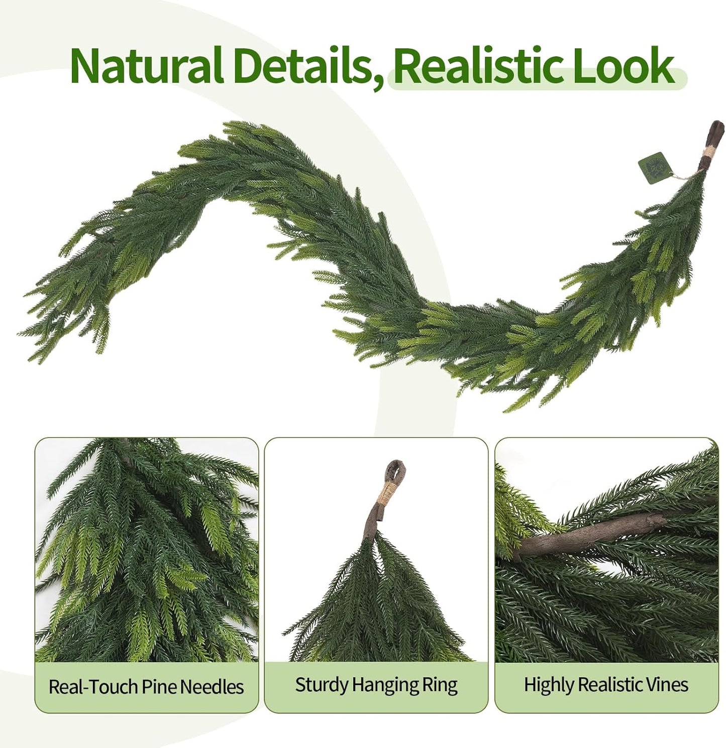 6FT Artificial Norfolk Pine Garland – Real Touch Greenery Garland, Dense Green Plants for Indoor Outdoor Christmas, Holiday, and Home Decoration (1, 6FT-)
