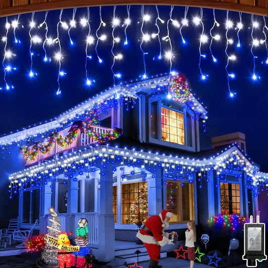 60FT 612 LED Outdoor Christmas Lights - 136 Ice Drops, 12 Pro Modes with Timer Memory & Brightness, Waterproof Hanging Ice String Light for Holiday Wedding Garden Fence House Decor (Blue & White)