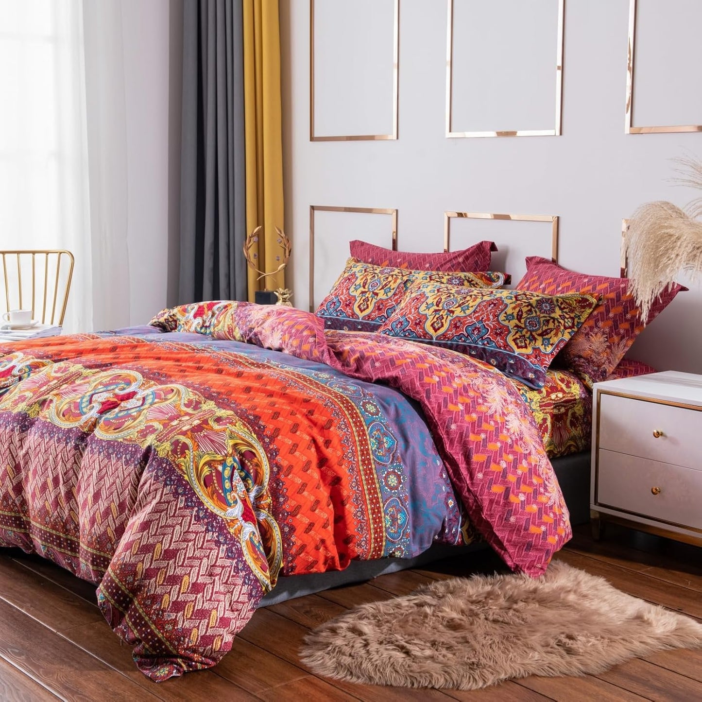 ABREEZE Bohemian Duvet Cover Set Colorful Orange Boho Retro Bedding Set Damask Paisley Cotton Duvet Cover Tribal Reversible Bedding Exotic Style Comforter Cover 3-Piece Cal.King