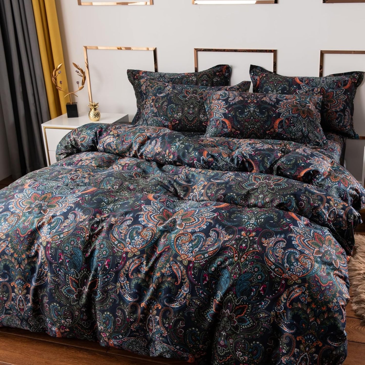 ABREEZE Luxury Vintage Black Duvet Cover Sets Damask Paisley Bedding Set Retro 100% Brushed Cotton Zipper Closure Bedding Collection Full Size
