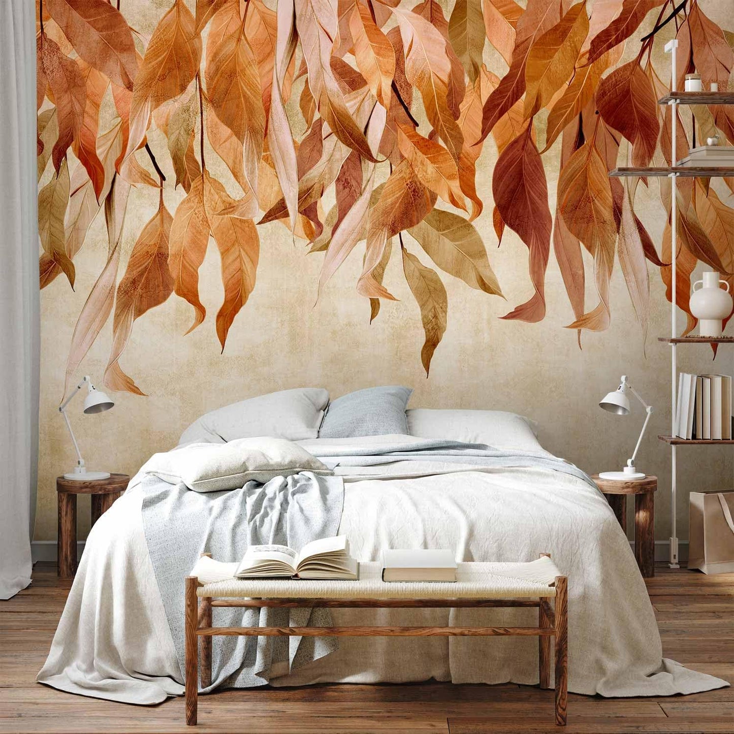 artgeist Wall Mural Hanging Leaves 197x138 in - Non-Woven Wallpaper Fleece Wall Decor Photo Print Picture Image Design Nature Botanical Concrete Orange Beige b-C-10146-a-c