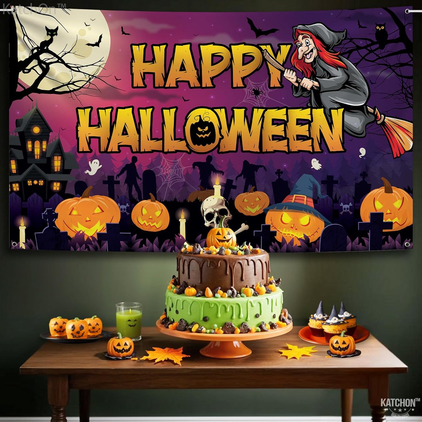 KatchOn Spooky Happy Halloween Banner - XtraLarge, 72x44 Inch | Pumpkin Halloween Backdrop for Purple & Orange Decorations | Witch Backdrop for Party Decorations