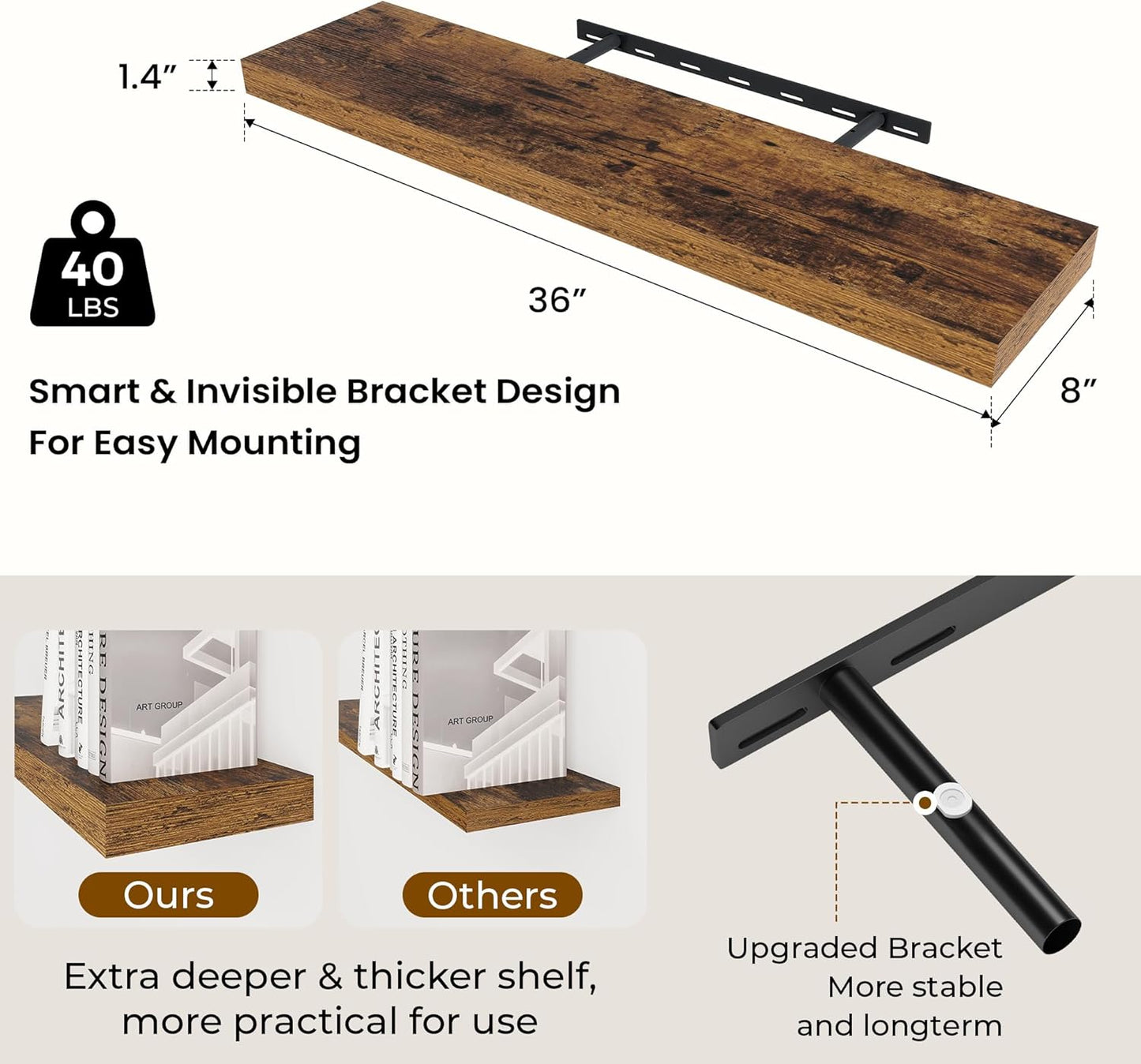 36 inch Floating Shelves Wall Shelves for Office with Invisible Brackets, 8 inch Deep Shelves for Bathroom, Living Room, Kitchen, Office, 36x7.9 inch deep Set of 2, Brown
