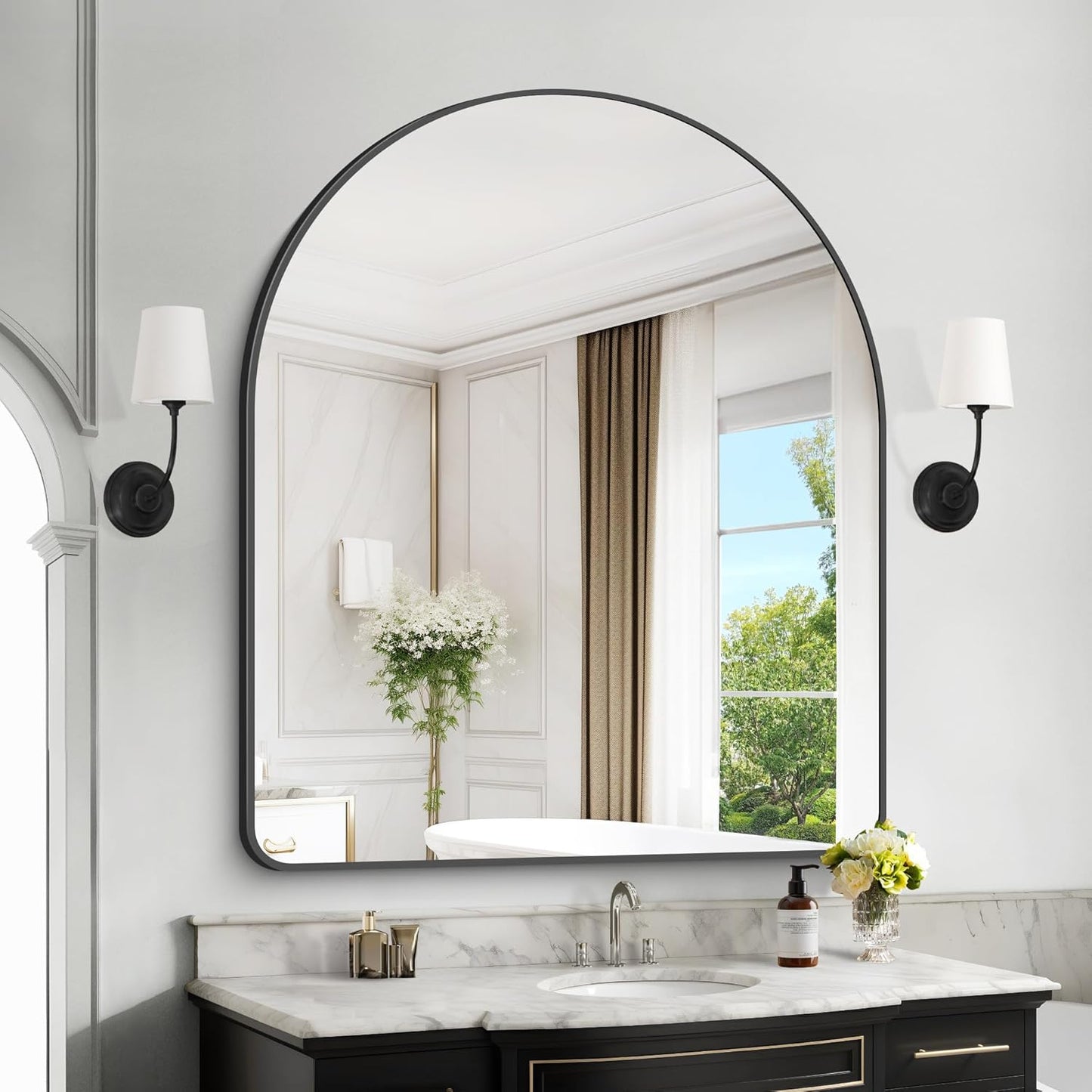 Arched Bathroom Mirror, 40"x48" Black Arched Mirror for Bathroom, Wall Mounted Mirror, Black Vanity Wall Mirror w/Metal Frame for Bedroom, Entryway, Living Room, Vertically Hanging