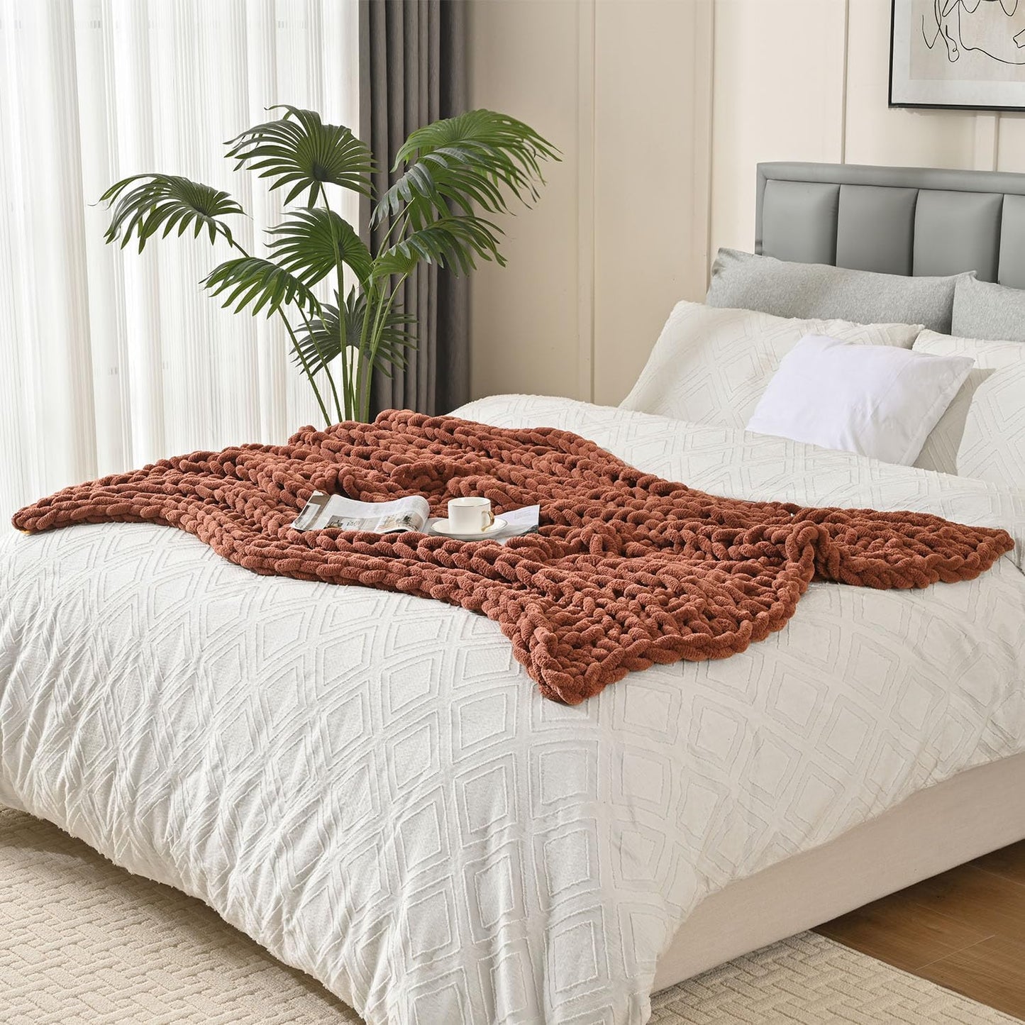 Esterra Chunky Knit Blanket Throw, 100% Handmade Chenille Throw Blanket 50"x60", Soft Thick Yarn Cable Knit Crochet Throw Blanket Rope Knot Throw for Couch Bed Sofa, Copper Brown