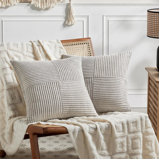 Fancy Homi 2 Packs Neutral Grey Decorative Throw Pillow Covers 16x16 Inch for Living Room Couch Bed, Rustic Farmhouse Boho Home Decor, Soft Corss Patchwork Corduroy Textured Square Cushion Case 40cm
