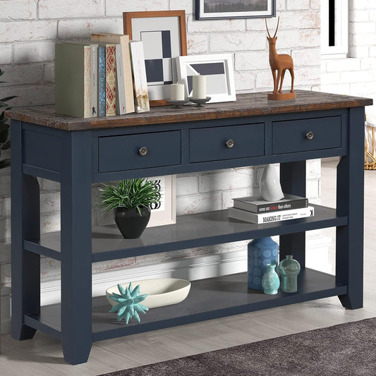 Farmhouse Wood Entry Console Table 48-Inch Modern Sofa Entryway Table with Drawers and Storage Shelves for Entrance Living Room (Blue)