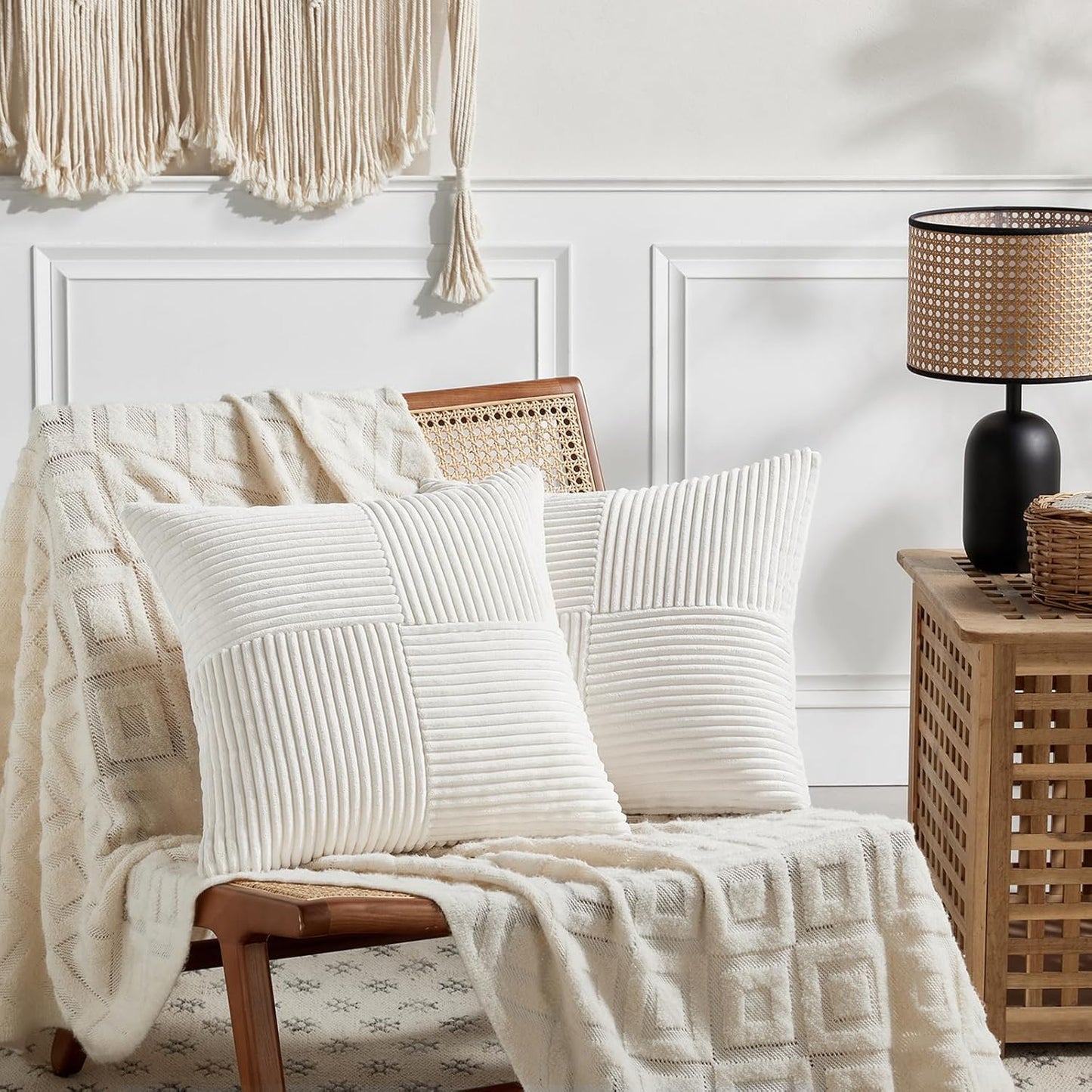 Fancy Homi 2 Packs Cream White Big Decorative Throw Pillow Covers 24x24 Inch for Living Room Couch Bed, Farmhouse Boho Home Decor, Soft Corss Corduroy Patchwork Accent Square Cushion Case 60x60 cm