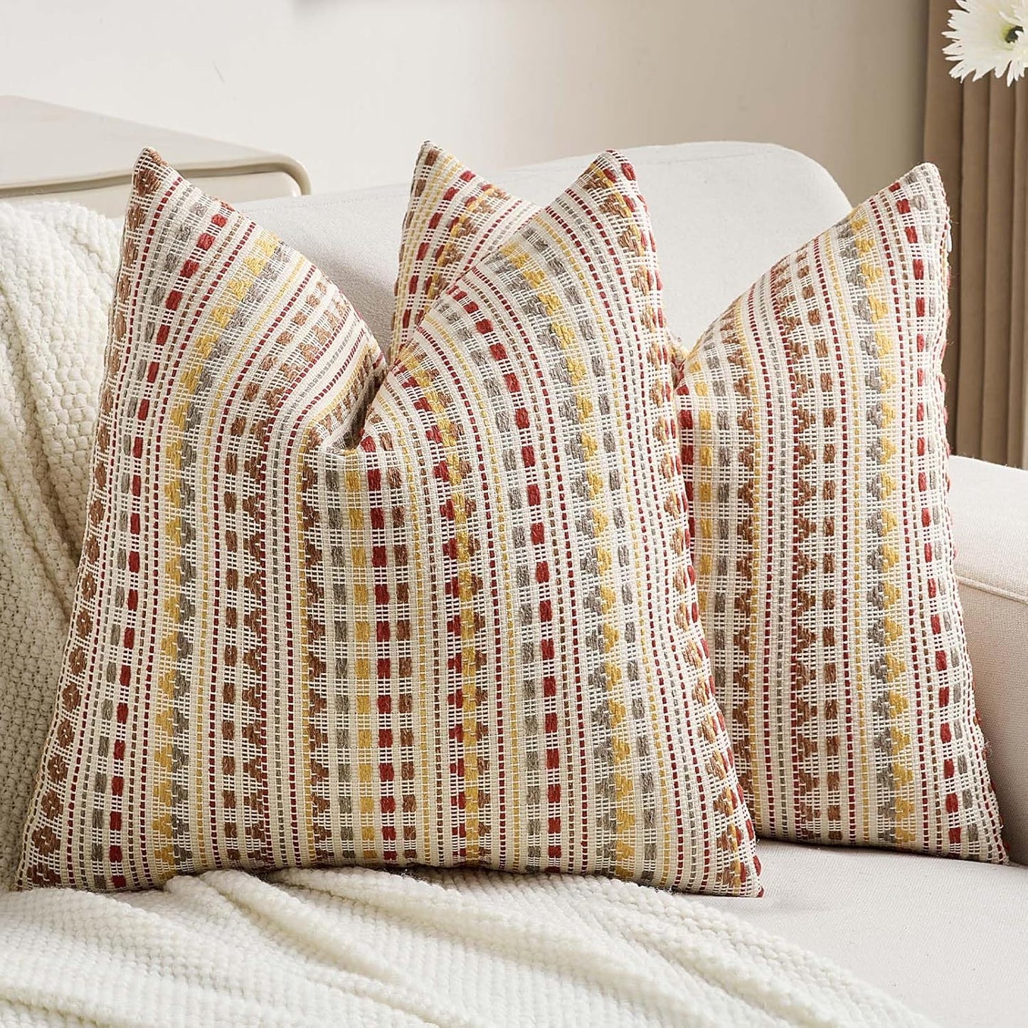 FUTEI Brown Red Decorative Throw Pillow Covers 24x24 Inch Set of 2,Soft Cozy Chenille Jacquard Textured Euro Pillow Shams,Boho Home Decor for Couch Bed Living Room