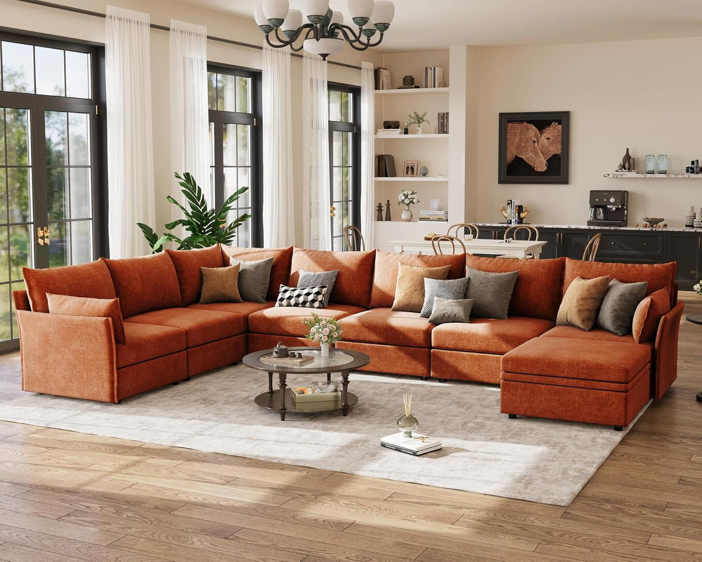 166.6" Oversized Modular Sectional Sofa, U Shaped Convertible Couch with Movable Ottoman, Large 8 Seat Corner Couches for Living Room Deep Seat Terracotta Chenille