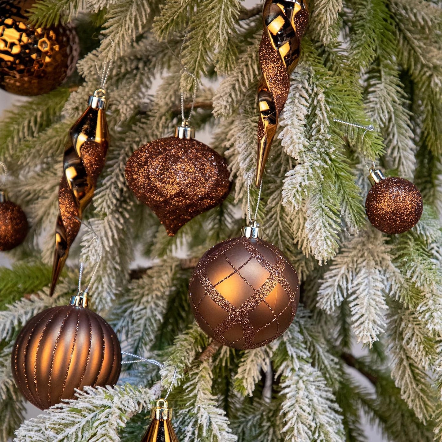 50PCS Christmas Tree Ornaments Set with Shatterproof Christmas Balls Icicle Snowflake Hanging Ornaments for Home Office Farmhouse Christmas Decorations, Bronze
