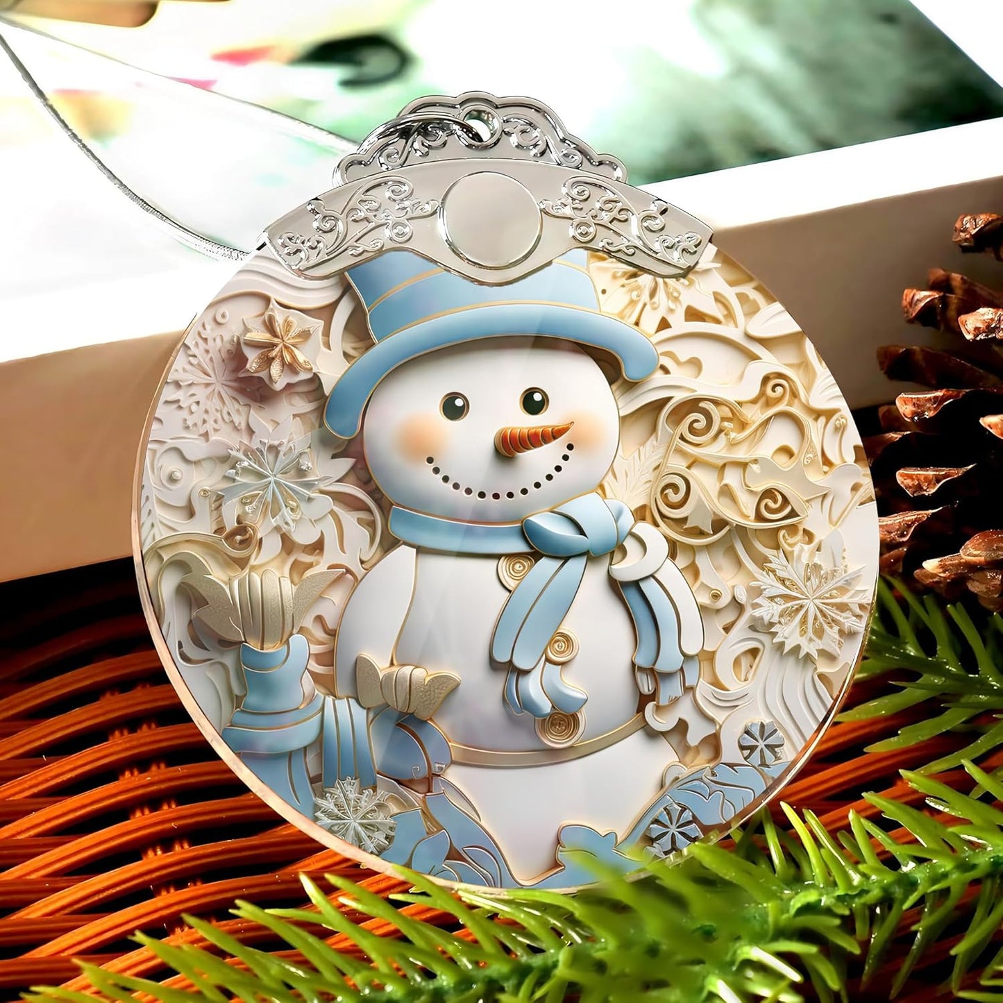 2025 Christmas Ornament, Stained Glass Effections, Christmas Tree 4 Inch Acrylic Ornament Art, White Elephant Gifts Car Interiors Decors, Christmas Decor (Blue hat Snowman)